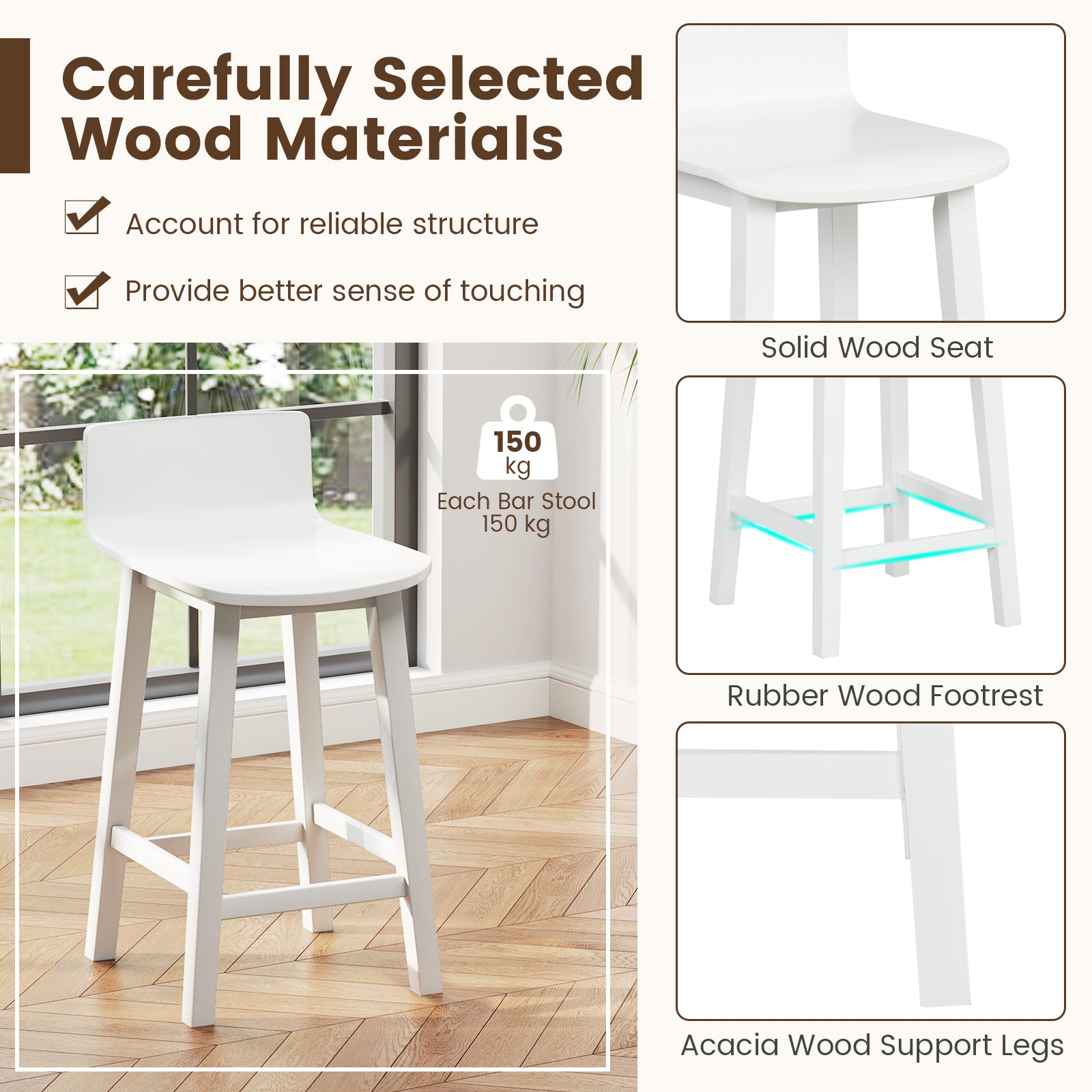 Wood Bar Stools, Set of 2, Solid Back and Seat, White Bar Stools at Gallery Canada