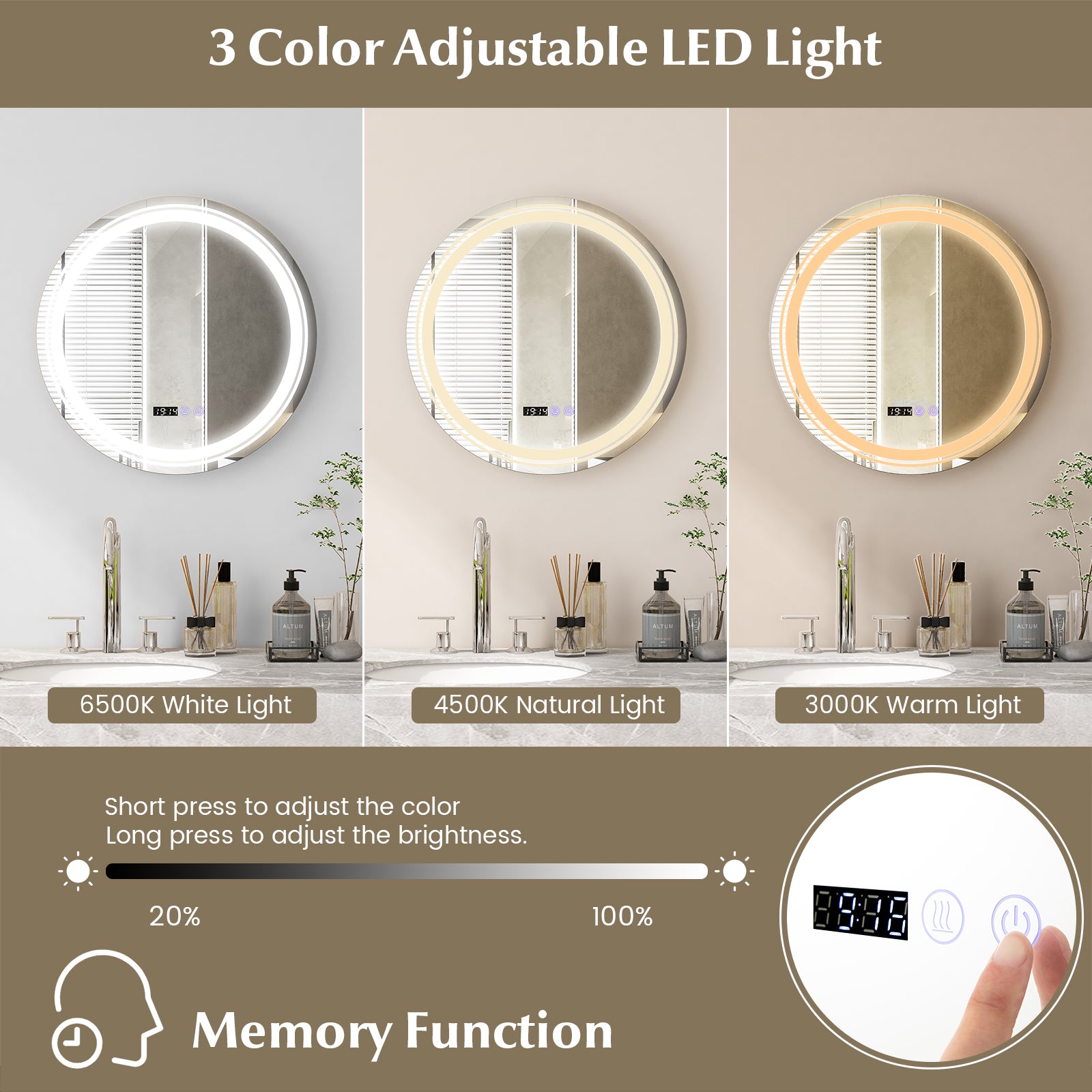 Anti-Fog Round LED Bathroom Mirror, S, 3 Color Lights, White Wall Mirrors at Gallery Canada