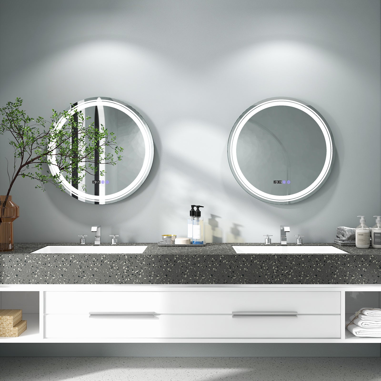 Anti-Fog Round LED Bathroom Mirror, M, 3 Color Lights, White Wall Mirrors at Gallery Canada