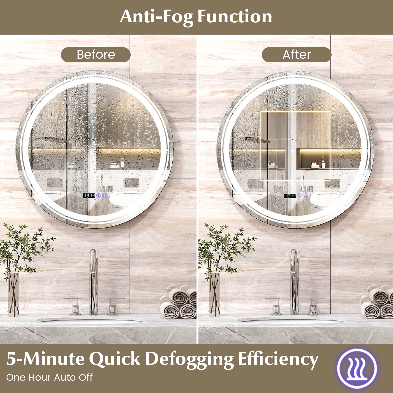 Anti-Fog Round LED Bathroom Mirror, M, 3 Color Lights, White Wall Mirrors at Gallery Canada