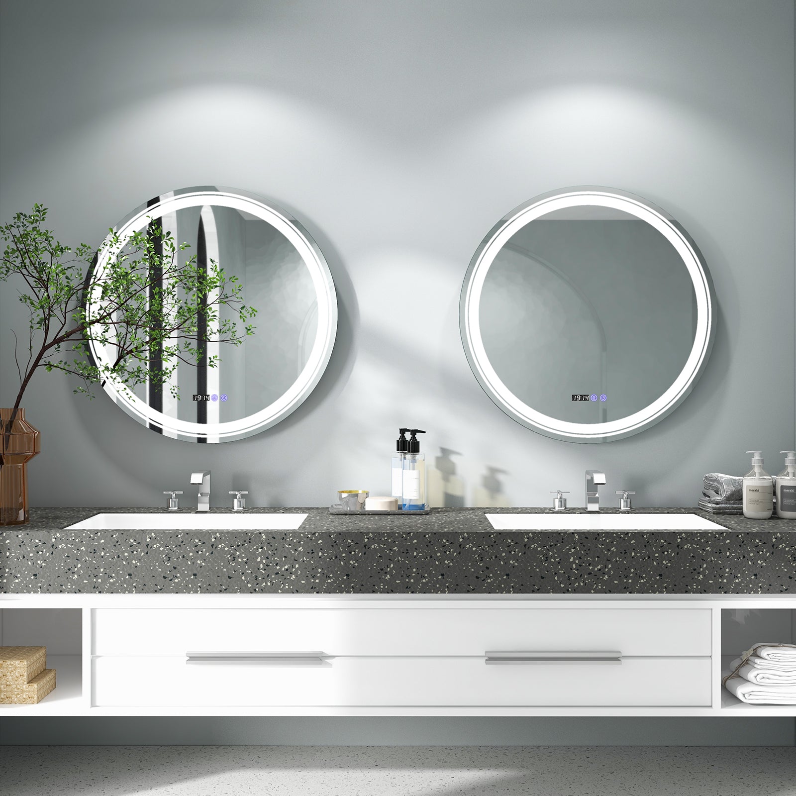 Anti-Fog Round LED Bathroom Mirror, L, 3 Color Lights, White Wall Mirrors at Gallery Canada