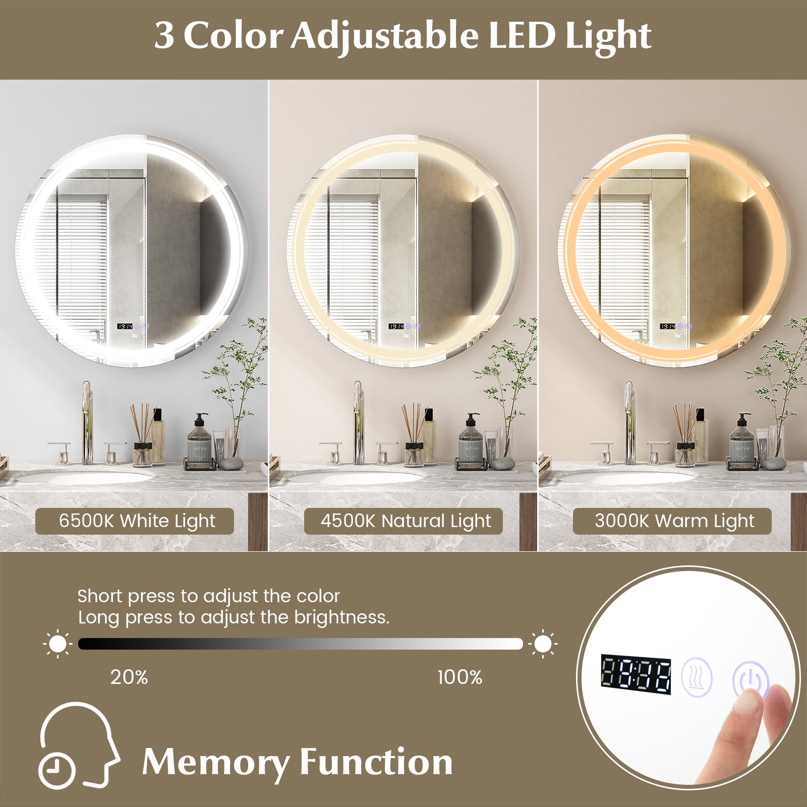 Anti-Fog Round LED Bathroom Mirror, L, 3 Color Lights, White Wall Mirrors at Gallery Canada