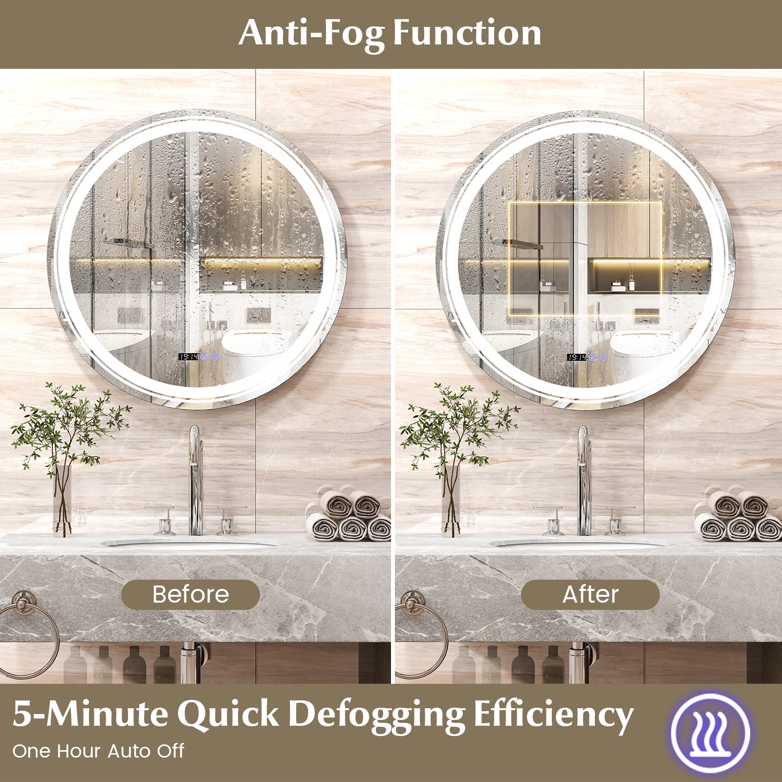Anti-Fog Round LED Bathroom Mirror, L, 3 Color Lights, White Wall Mirrors at Gallery Canada