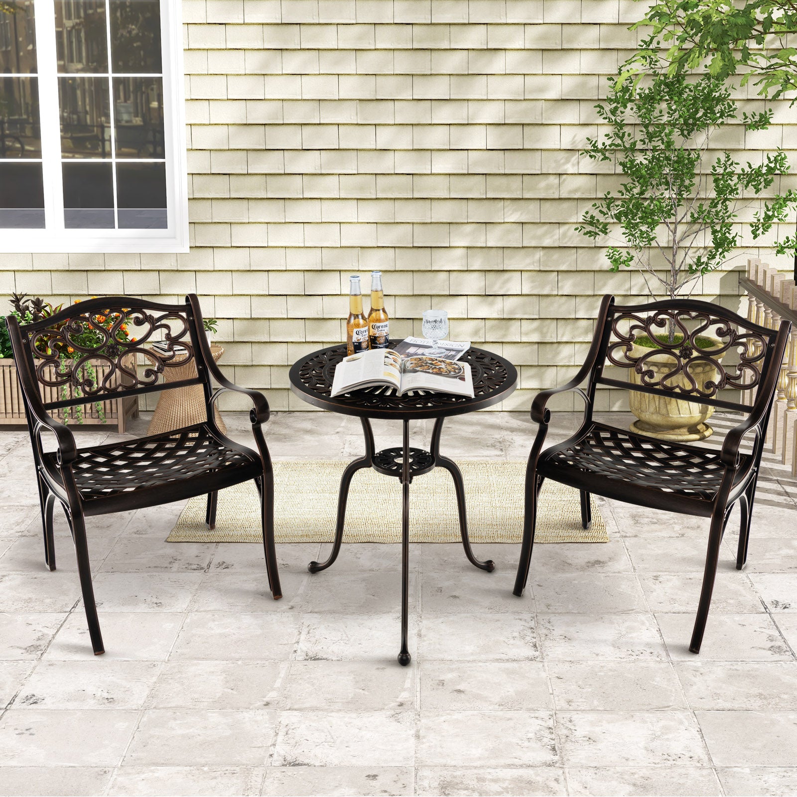 Cast Aluminum Dining Chairs Set Of 2, With Armrests Flower Pattern, Bronze Patio Dining Chairs at Gallery Canada