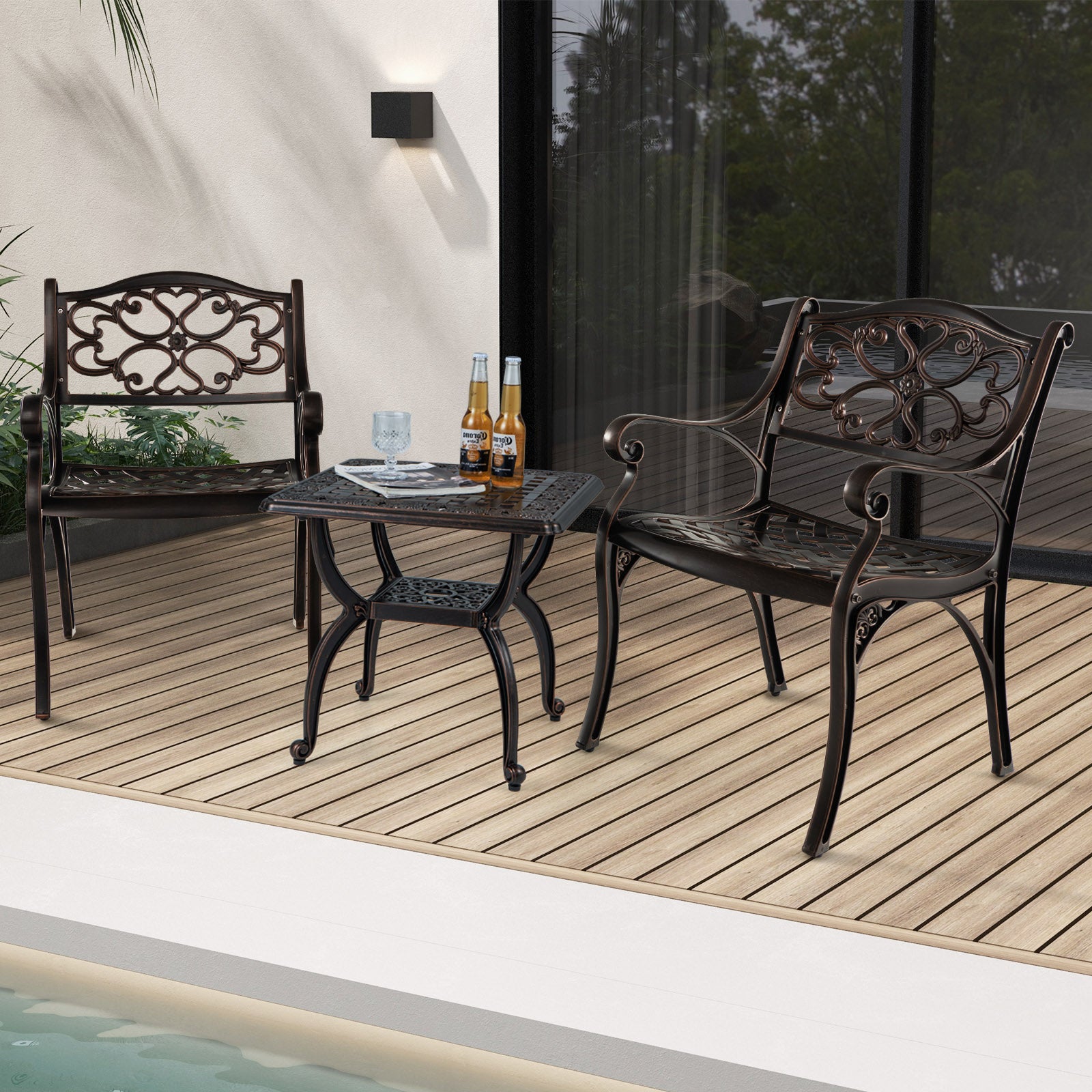 Cast Aluminum Dining Chairs Set Of 2, With Armrests Flower Pattern, Bronze Patio Dining Chairs at Gallery Canada