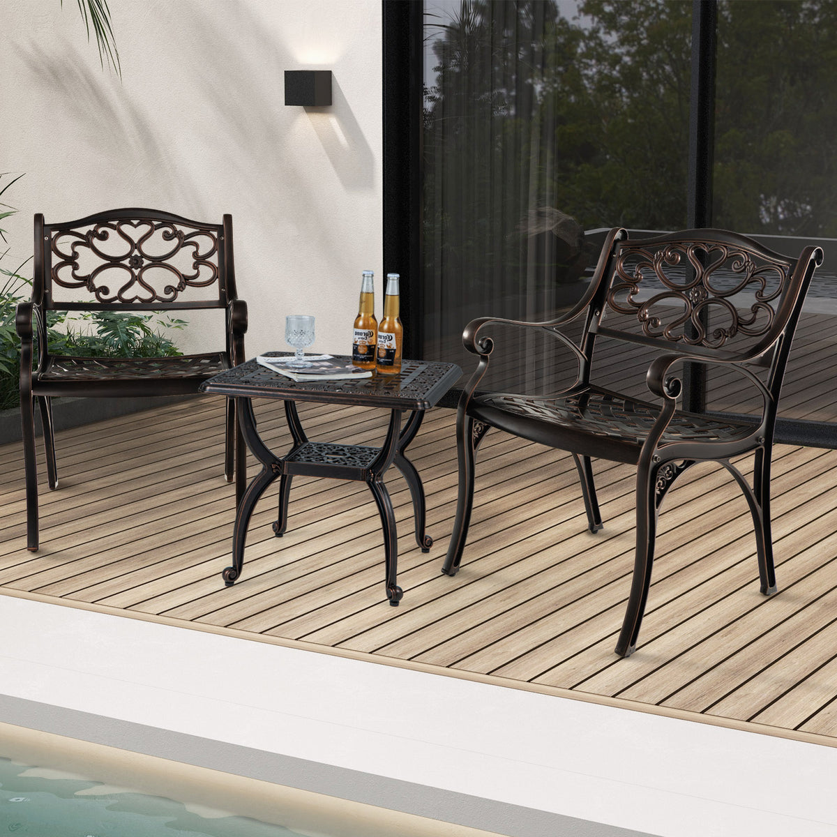 Cast Aluminum Dining Chairs Set Of 2, With Armrests Flower Pattern, Bronze Patio Dining Chairs at Gallery Canada