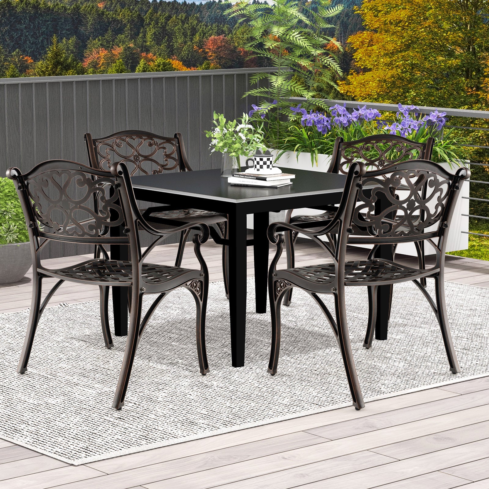 Cast Aluminum Dining Chairs Set Of 2, With Armrests Flower Pattern, Bronze Patio Dining Chairs at Gallery Canada