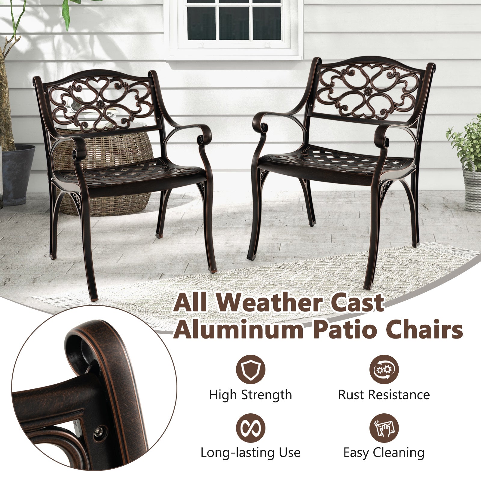 Cast Aluminum Dining Chairs Set Of 2, With Armrests Flower Pattern, Bronze Patio Dining Chairs at Gallery Canada