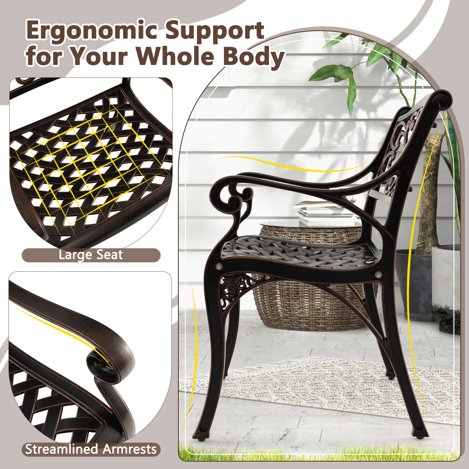 Cast Aluminum Dining Chairs Set Of 2, With Armrests Flower Pattern, Bronze Patio Dining Chairs at Gallery Canada