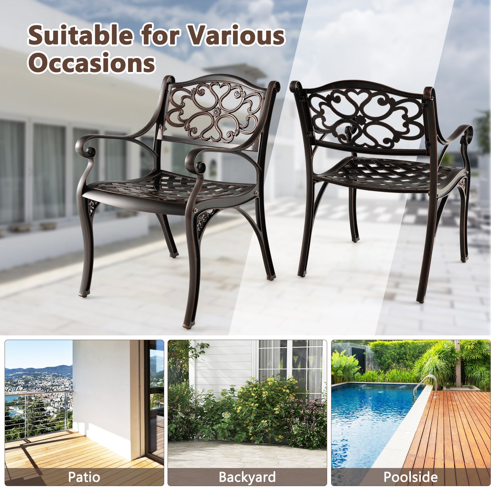 Cast Aluminum Dining Chairs Set Of 2, With Armrests Flower Pattern, Bronze Patio Dining Chairs at Gallery Canada