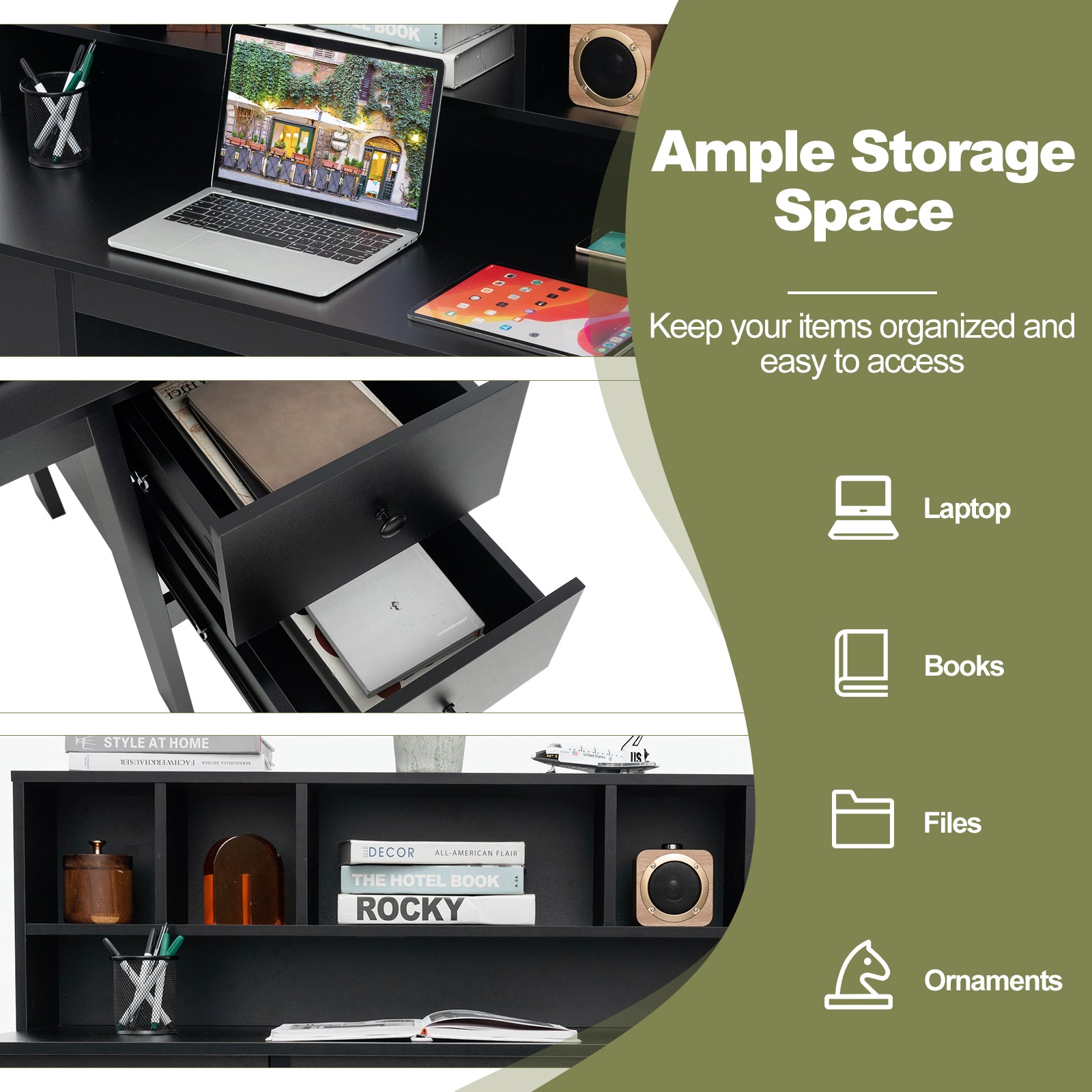 48 Inch Computer Desk With Drawers, Power Outlets, Black Computer Desks at Gallery Canada