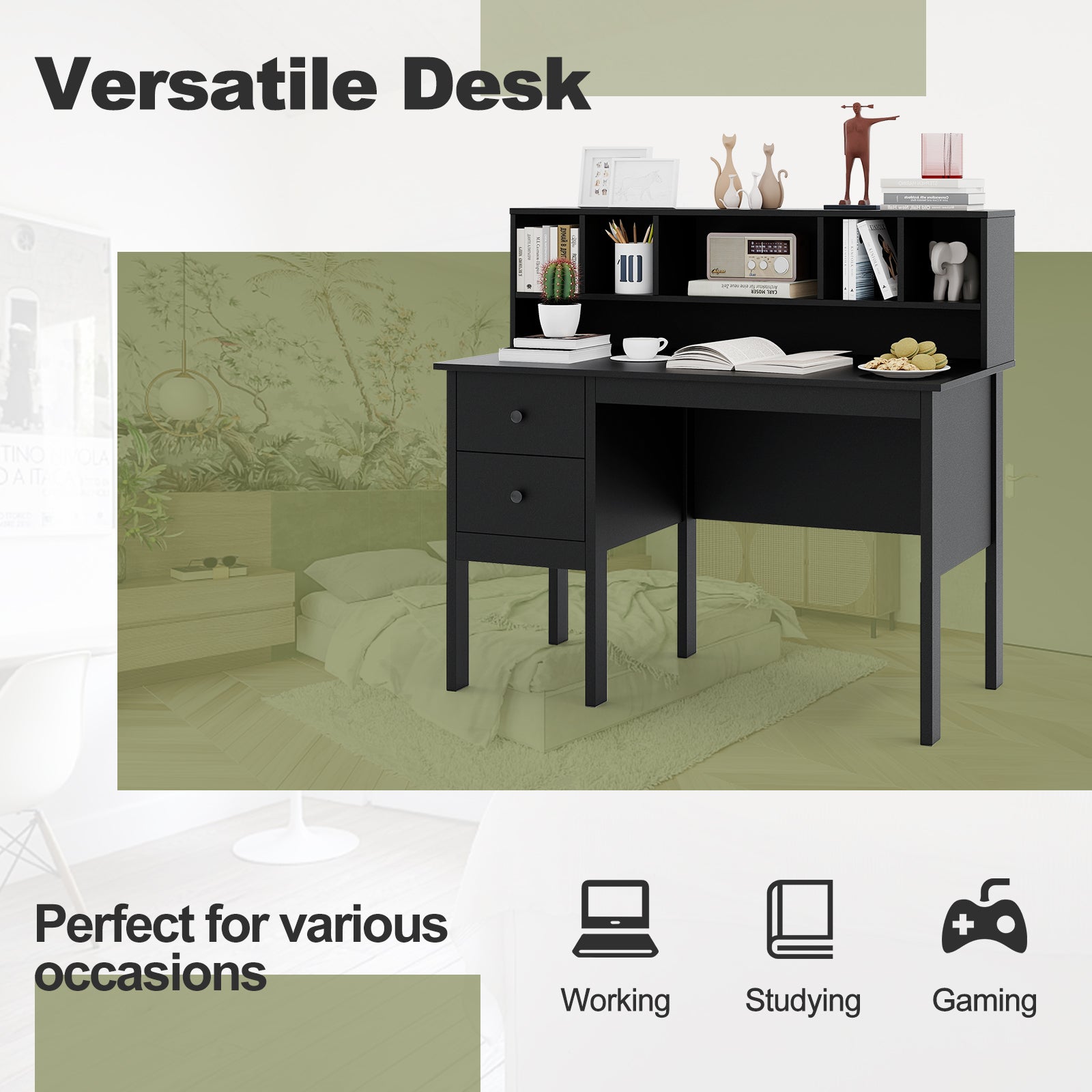48 Inch Computer Desk With Drawers, Power Outlets, Black Computer Desks at Gallery Canada