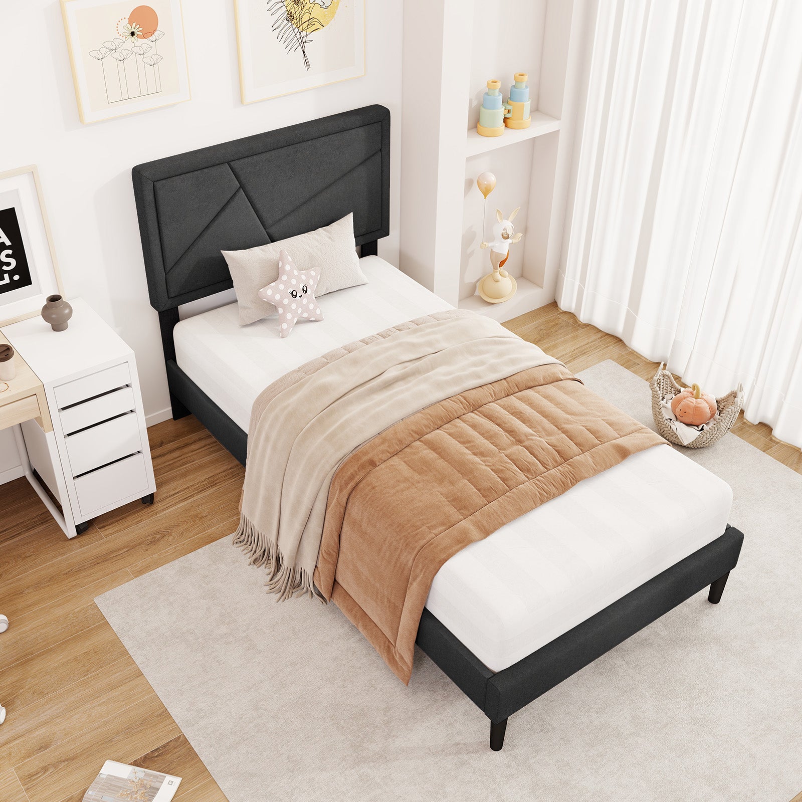 Twin Size Upholstered Platform Bed Frame, Gray Simple Bed Frame at Gallery Canada