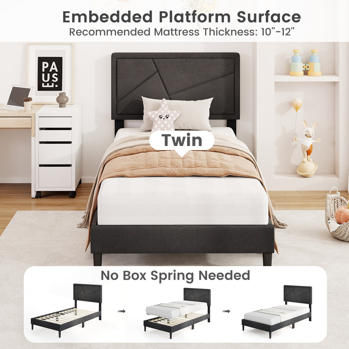 Twin Size Upholstered Platform Bed Frame, Gray Simple Bed Frame at Gallery Canada