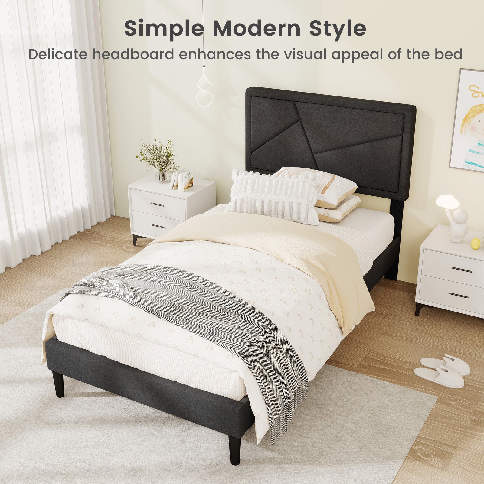 Twin Size Upholstered Platform Bed Frame, Gray Simple Bed Frame at Gallery Canada