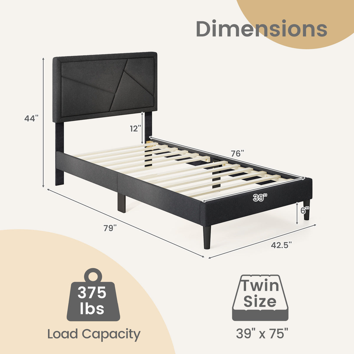 Twin Size Upholstered Platform Bed Frame, Gray Simple Bed Frame at Gallery Canada