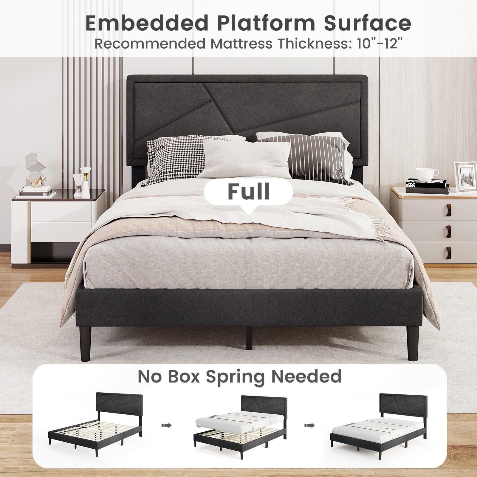Upholstered Platform Bed Frame, Full Size, High Headboard, Gray Simple Bed Frame at Gallery Canada