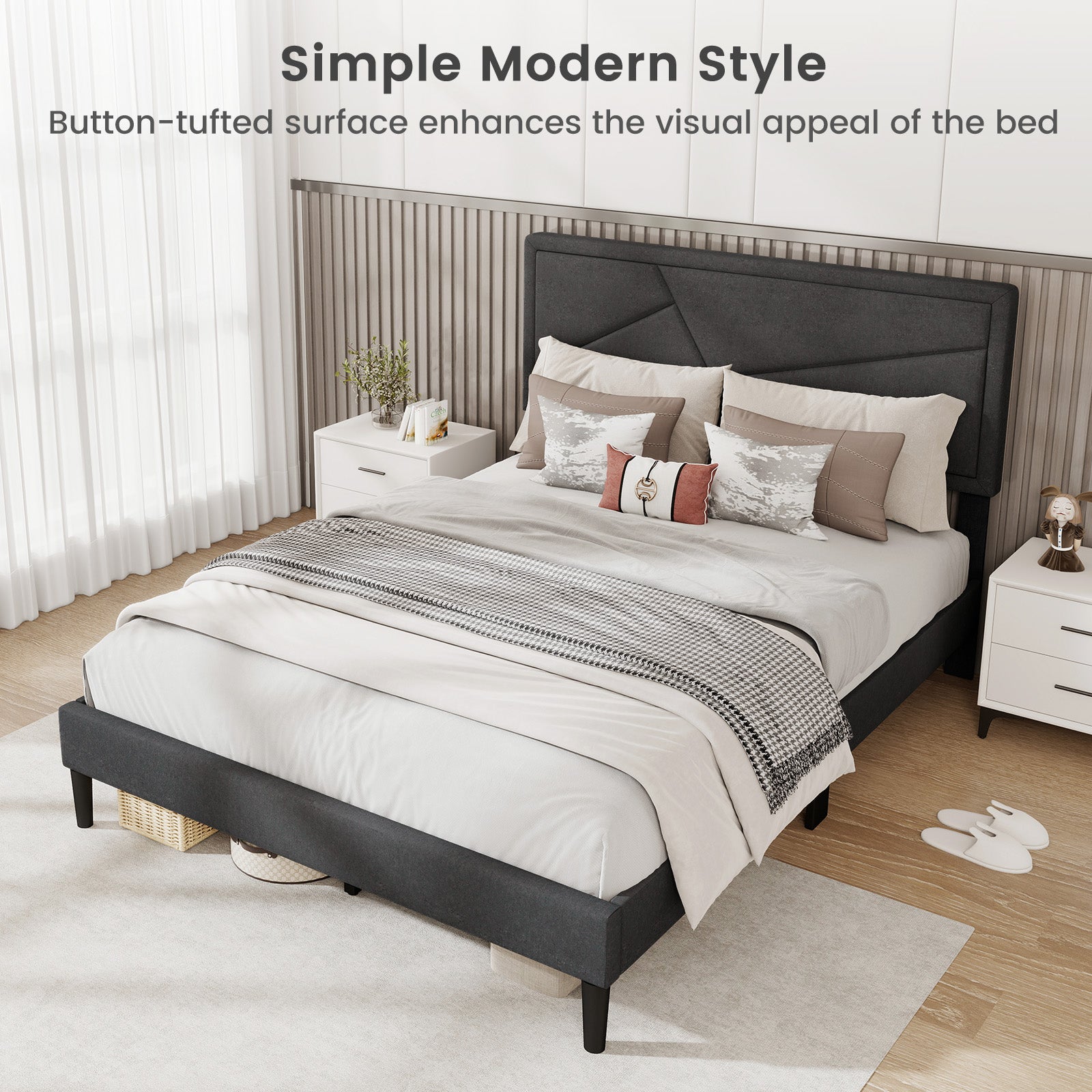 Upholstered Platform Bed Frame, Full Size, High Headboard, Gray Simple Bed Frame at Gallery Canada