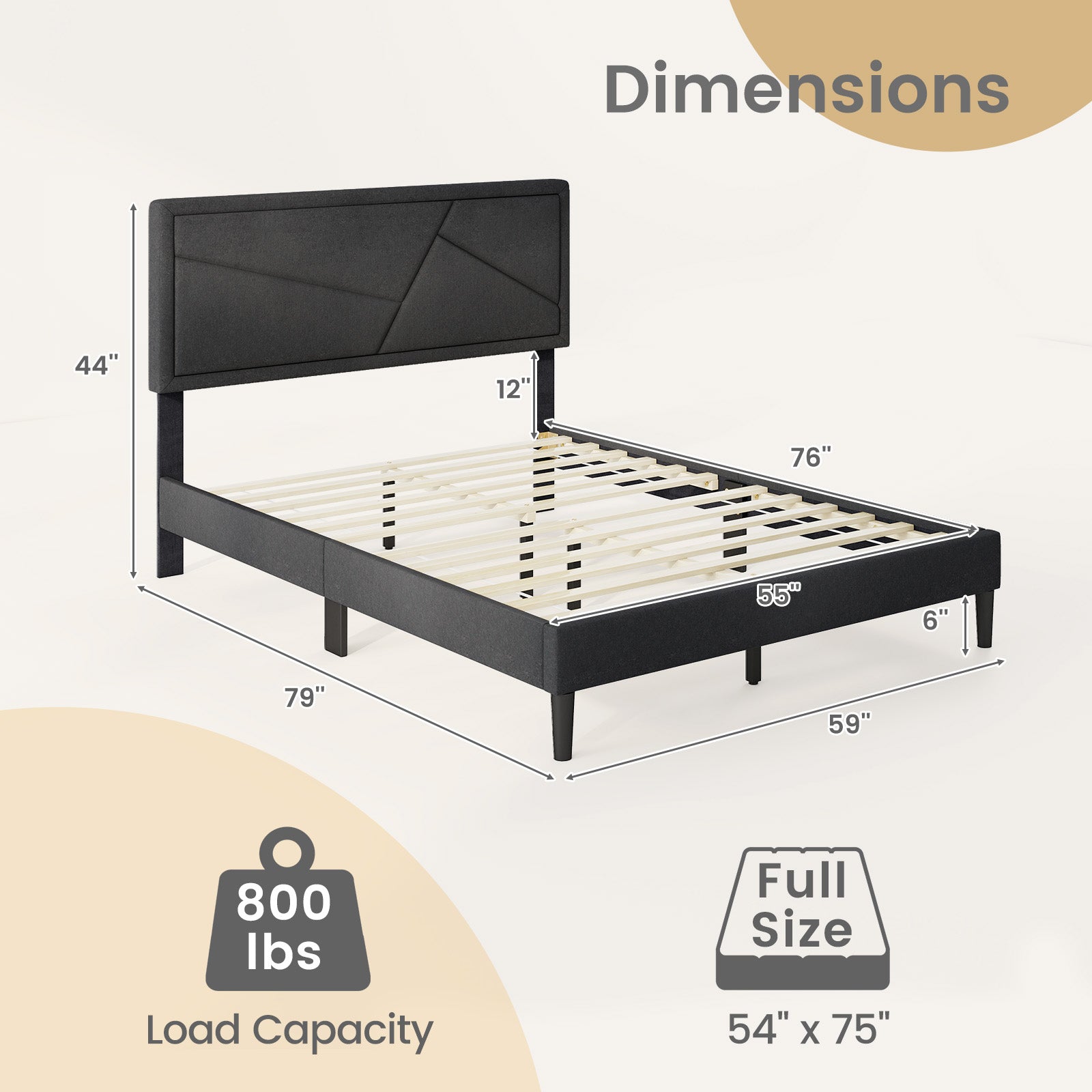 Upholstered Platform Bed Frame, Full Size, High Headboard, Gray Simple Bed Frame at Gallery Canada
