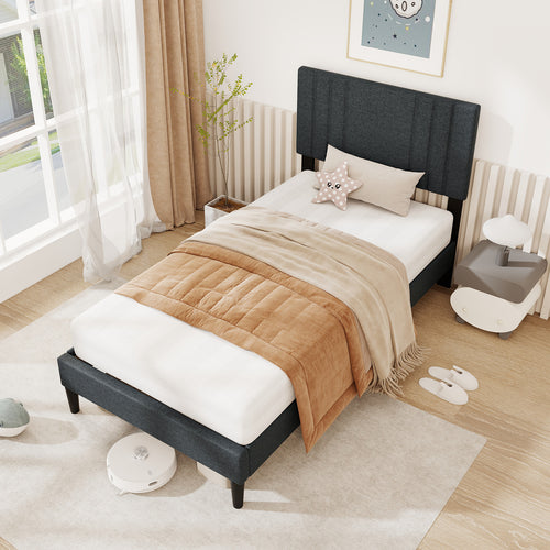 Twin Size Bed Frame, Tufted Headboard, Wooden Slats, Gray