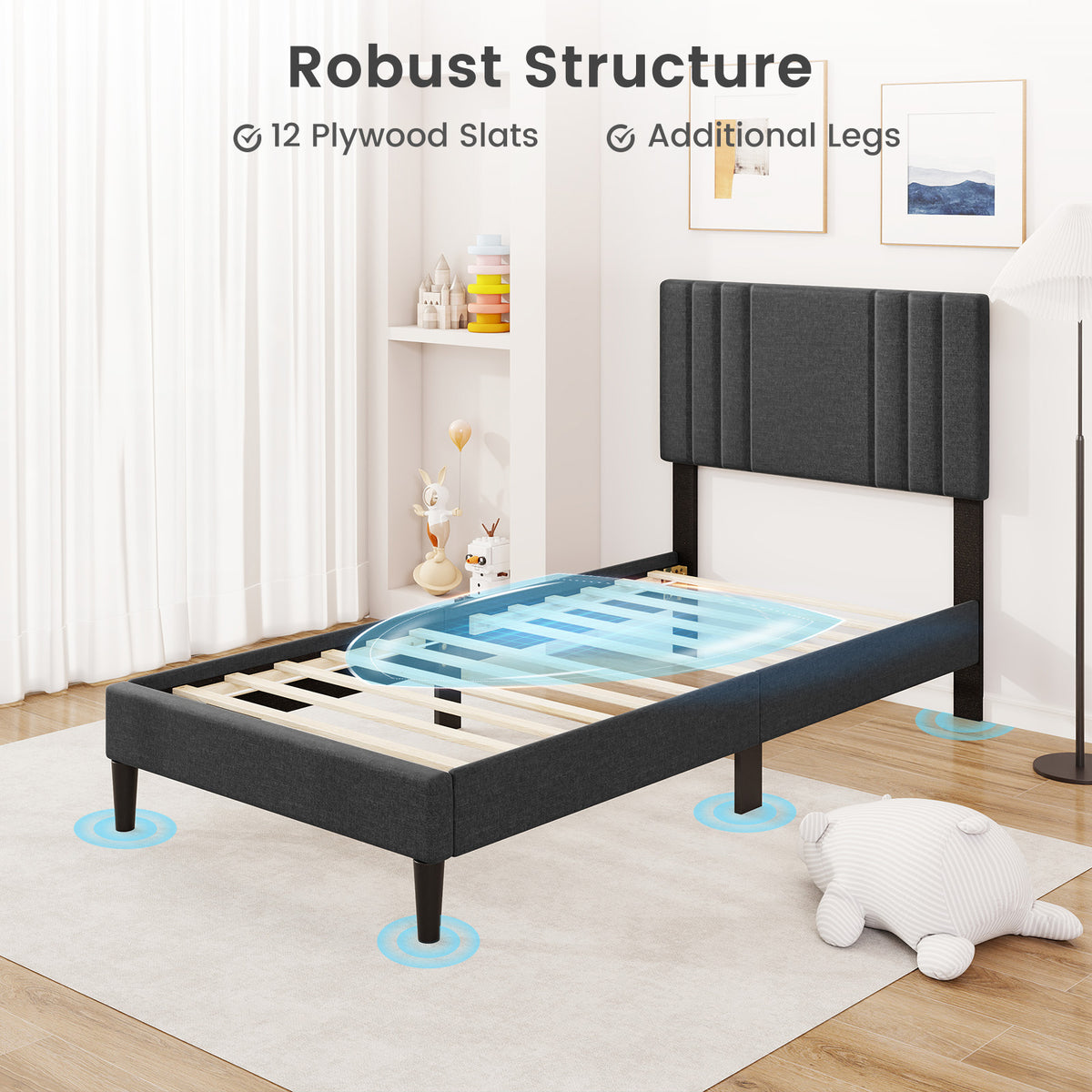 Twin Size Bed Frame, Tufted Headboard, Wooden Slats, Gray Simple Bed Frame at Gallery Canada
