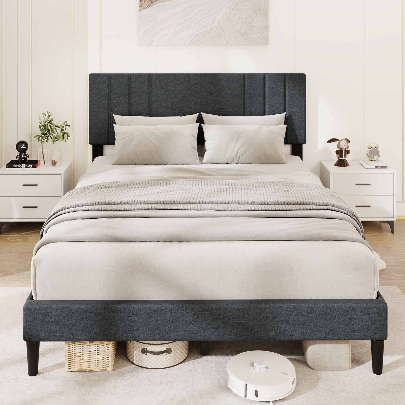 Queen Size Bed Frame, Tufted Headboard, Wooden Slats, Gray Simple Bed Frame at Gallery Canada