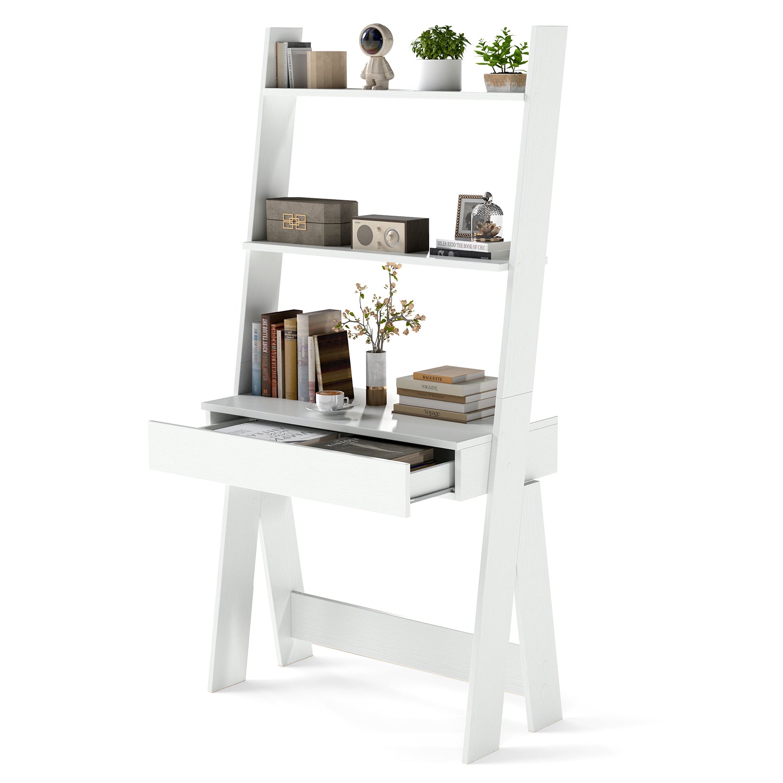 Ladder Shelf Desk With Countertop Drawer, Anti-Toppling Device, Oak Bookcases at Gallery Canada