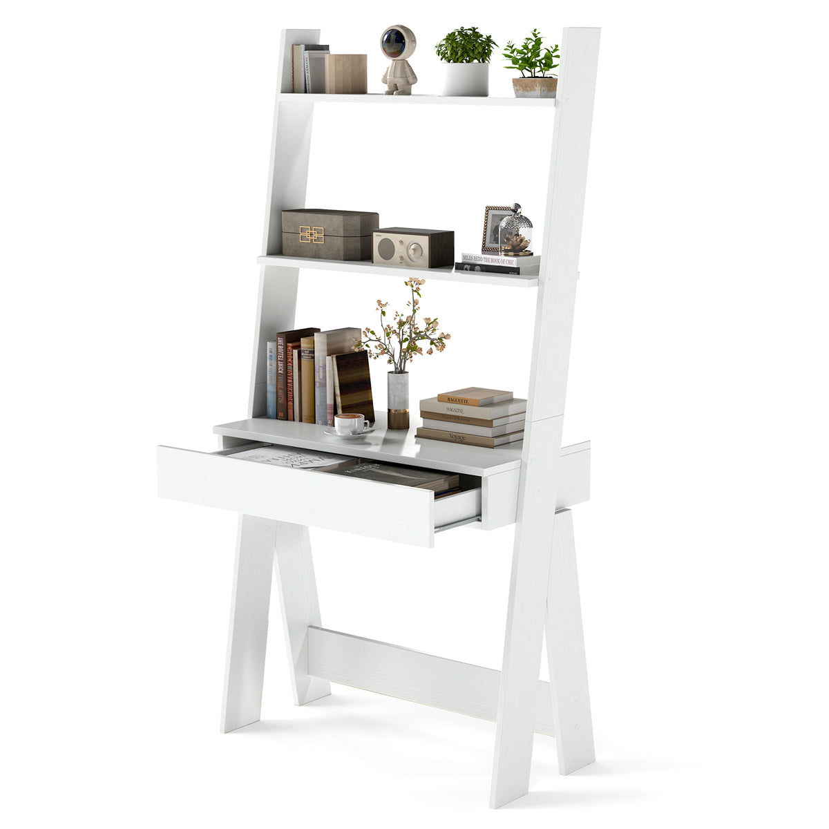 Ladder Shelf Desk With Countertop Drawer, Anti-Toppling Device, Oak Bookcases at Gallery Canada