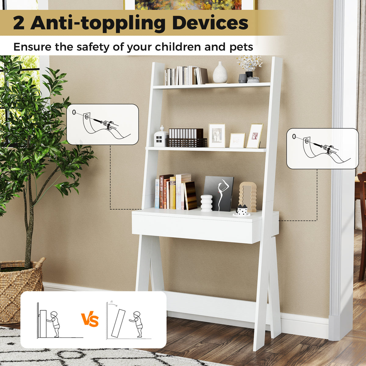Ladder Shelf Desk With Countertop Drawer, Anti-Toppling Device, Oak Bookcases at Gallery Canada