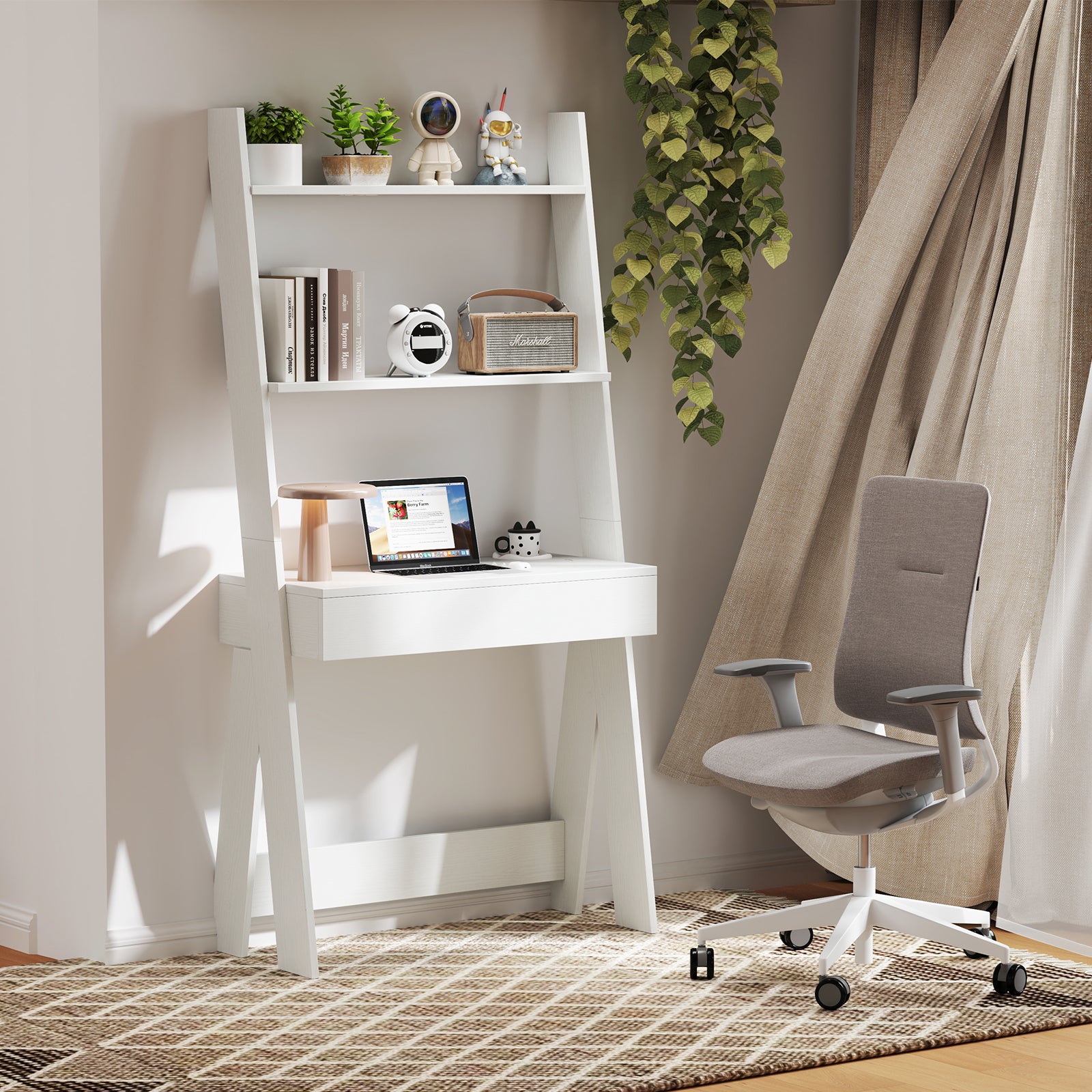 Ladder Shelf Desk With Countertop Drawer, Anti-Toppling Device, Oak Bookcases at Gallery Canada