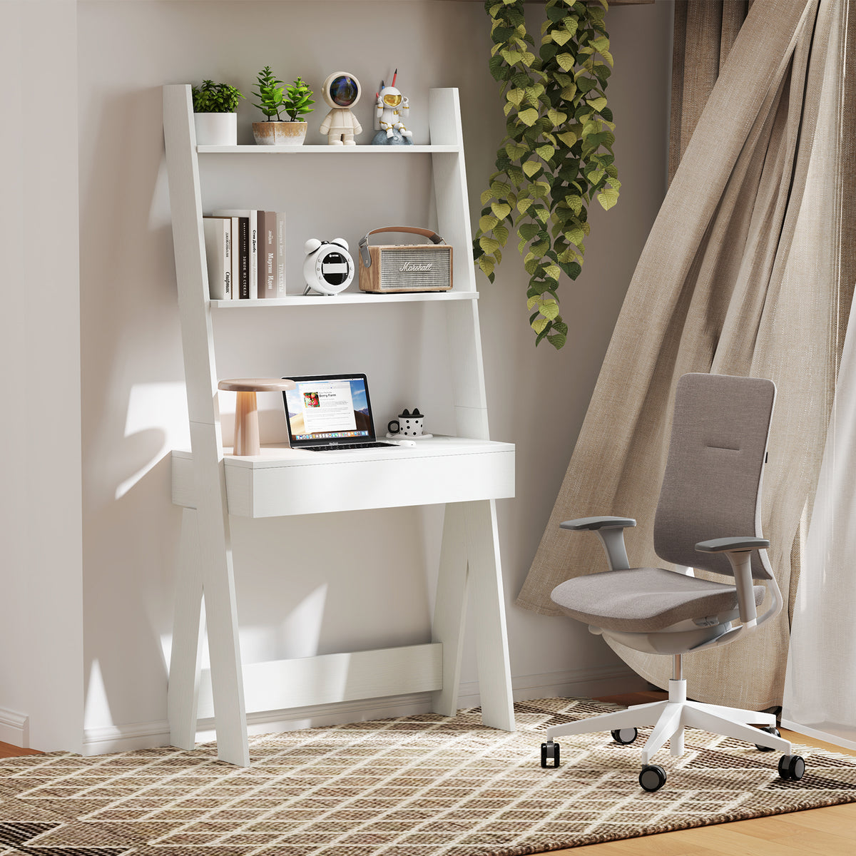 Ladder Shelf Desk With Countertop Drawer, Anti-Toppling Device, Oak Bookcases at Gallery Canada