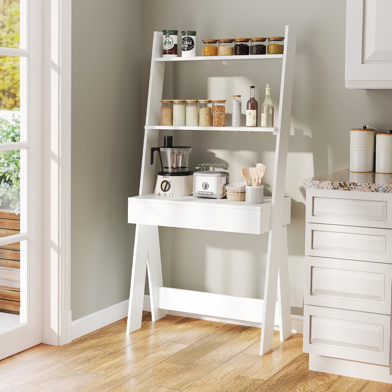 Ladder Shelf Desk With Countertop Drawer, Anti-Toppling Device, Oak Bookcases at Gallery Canada
