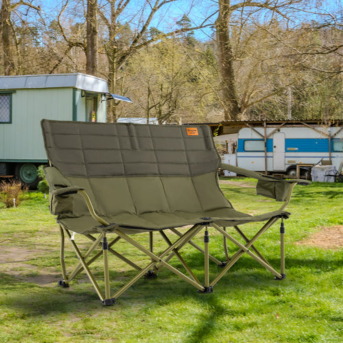 Oversized Camping Chair, Folding Loveseat, Cup Holders, Thick Padding, Green