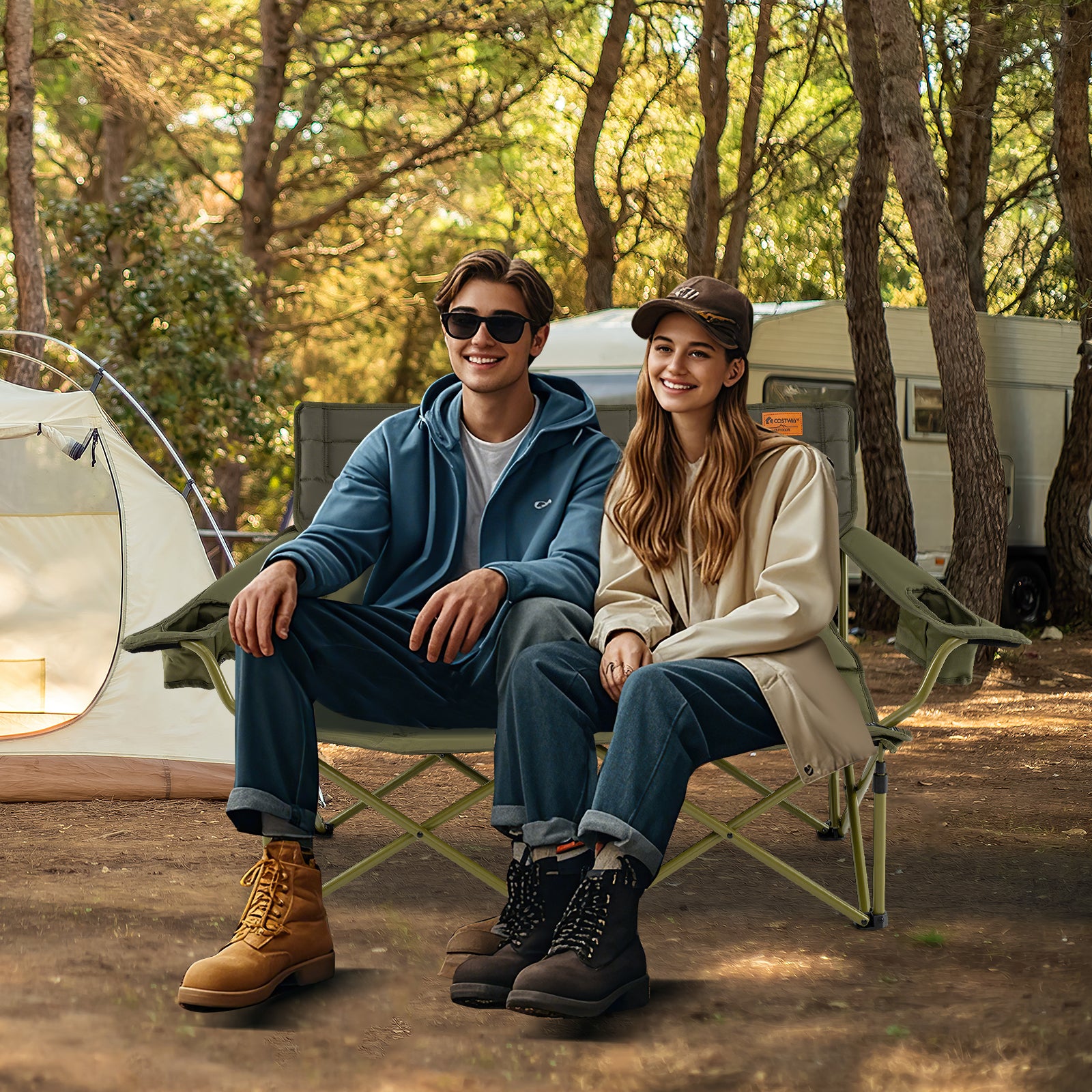 Oversized Camping Chair, Folding Loveseat, Cup Holders, Thick Padding, Green Camping Furniture at Gallery Canada