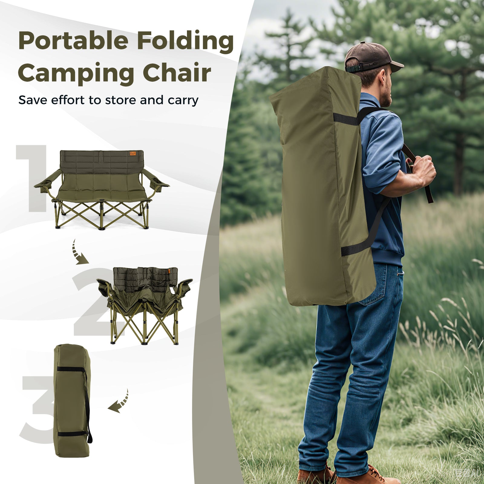 Oversized Camping Chair, Folding Loveseat, Cup Holders, Thick Padding, Green Camping Furniture at Gallery Canada