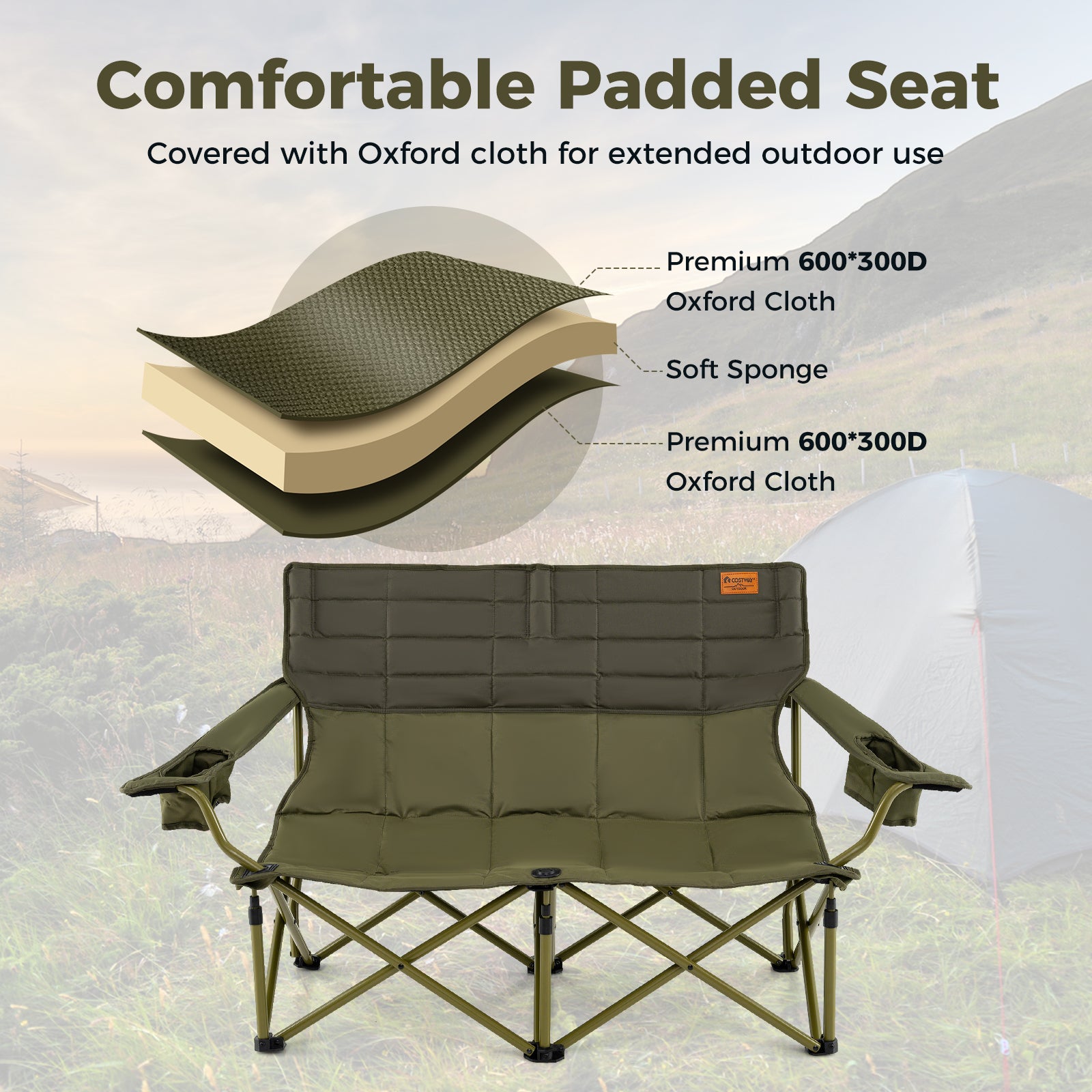 Oversized Camping Chair, Folding Loveseat, Cup Holders, Thick Padding, Green Camping Furniture at Gallery Canada