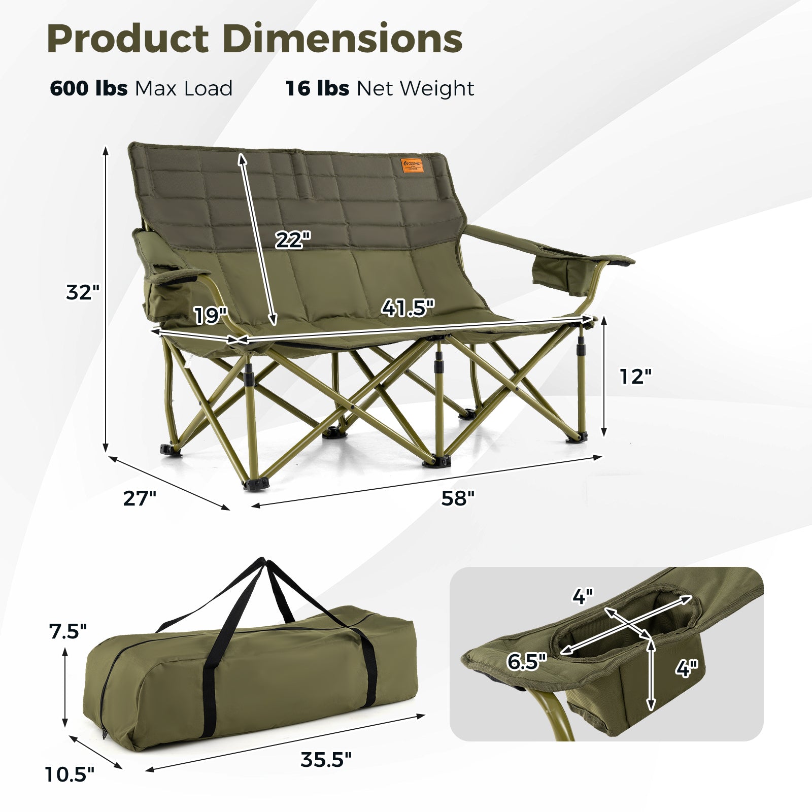 Oversized Camping Chair, Folding Loveseat, Cup Holders, Thick Padding, Green Camping Furniture at Gallery Canada