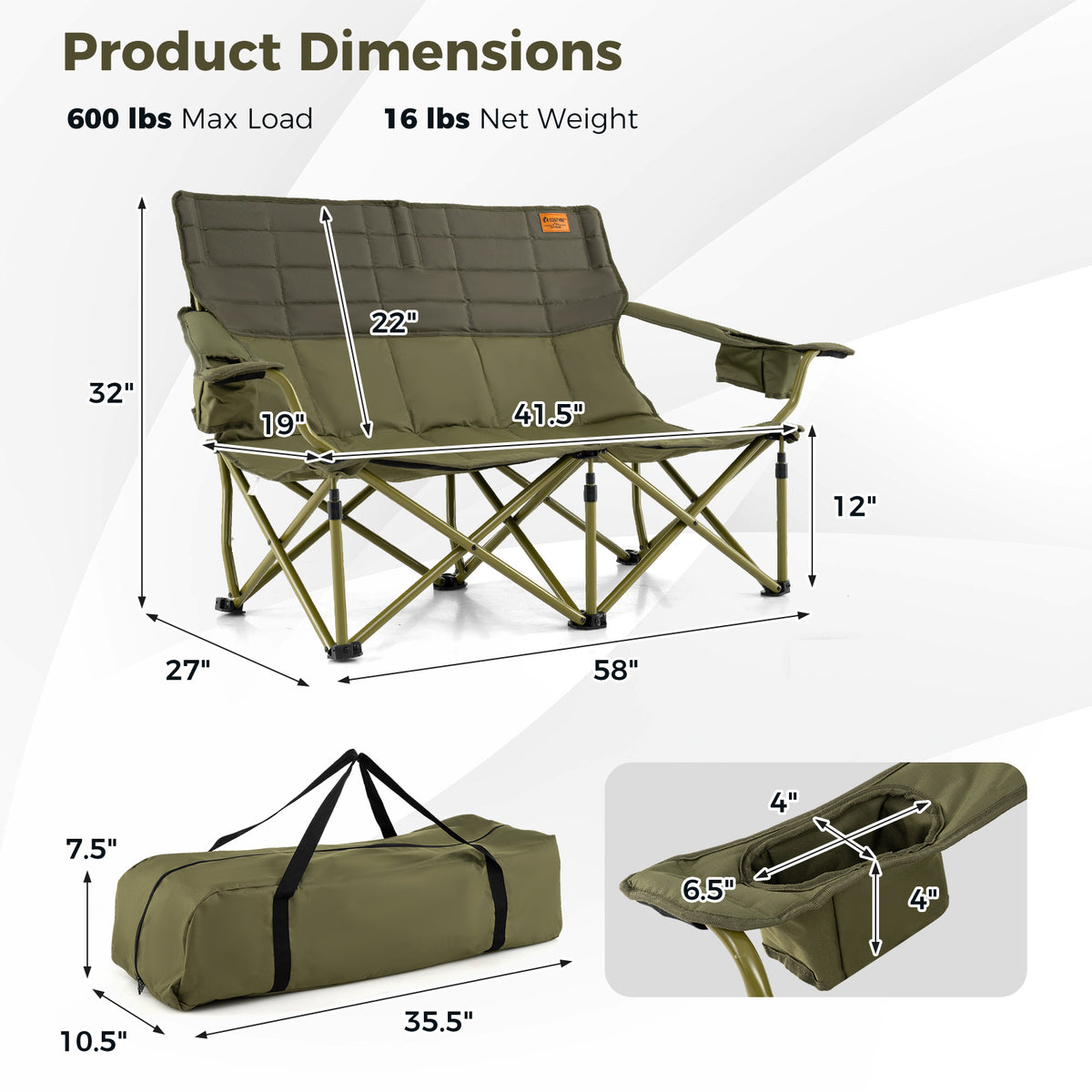 Oversized Camping Chair, Folding Loveseat, Cup Holders, Thick Padding, Green Camping Furniture at Gallery Canada