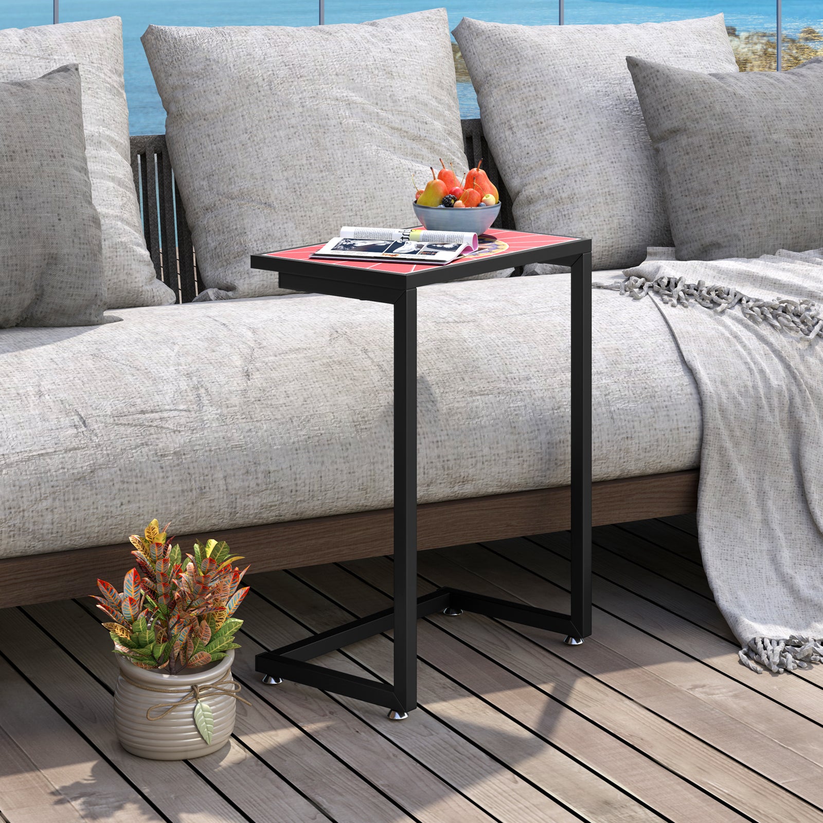 C-Shaped Waterproof Outdoor Side Table, Ceramic Top, Red Patio Coffee Tables at Gallery Canada