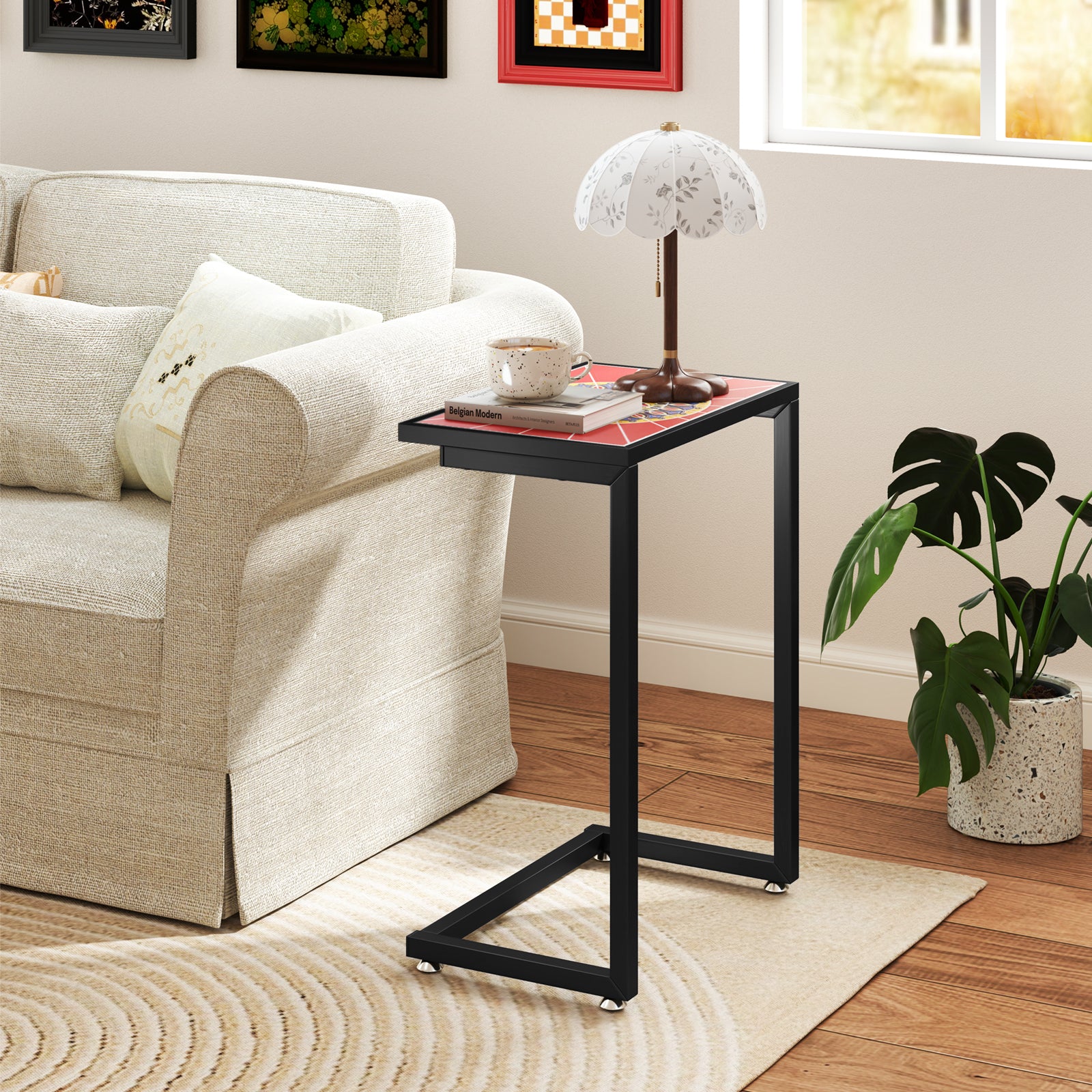 C-Shaped Waterproof Outdoor Side Table, Ceramic Top, Red Patio Coffee Tables at Gallery Canada