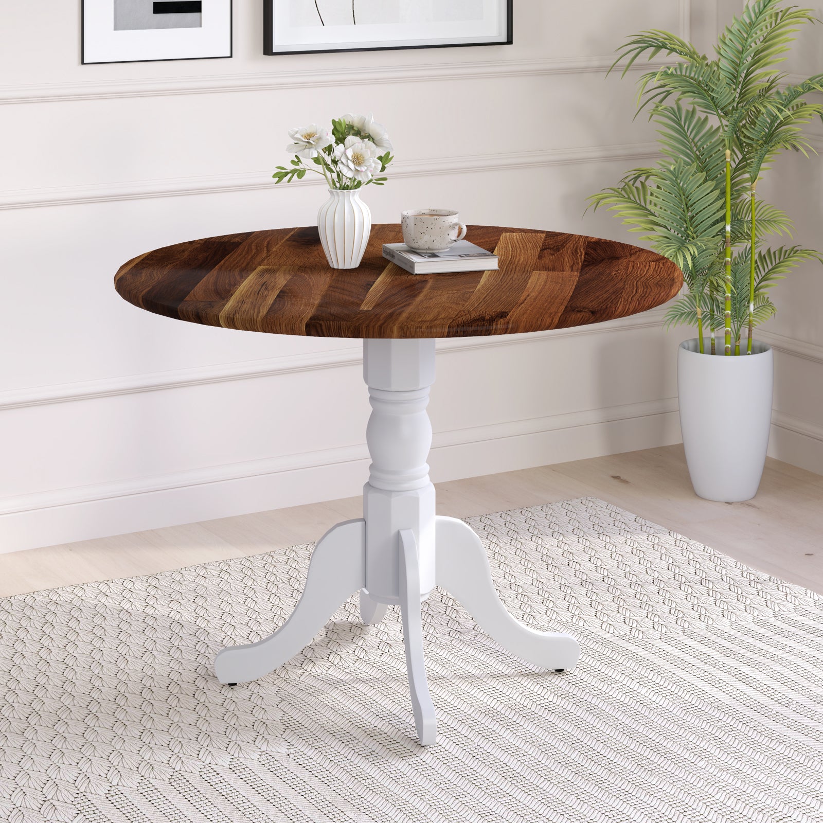 Wooden Dining Table, Round Tabletop, Curved Trestle Legs, Walnut & White, Gray Dining Tables at Gallery Canada