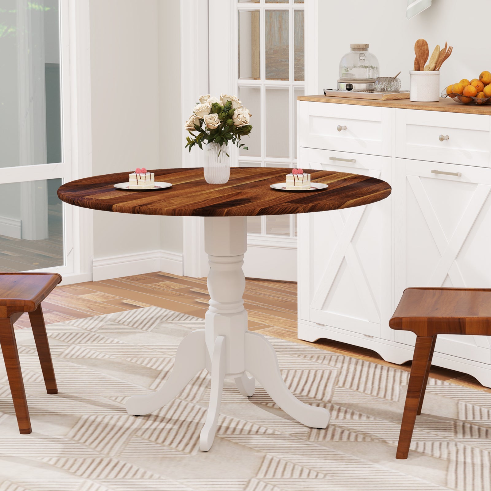 Wooden Dining Table, Round Tabletop, Curved Trestle Legs, Walnut & White, Gray Dining Tables at Gallery Canada