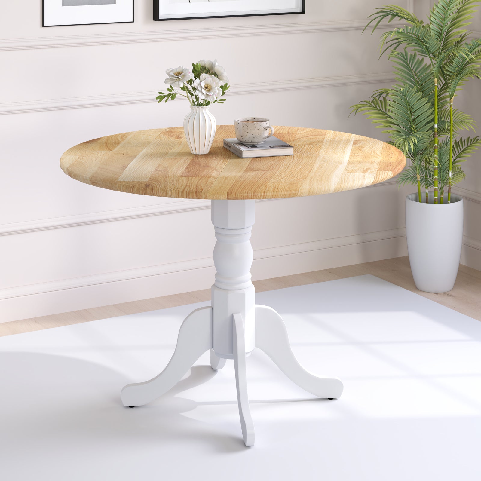 Wooden Dining Table, Round Tabletop, Curved Trestle Legs, Natural, White Dining Tables at Gallery Canada