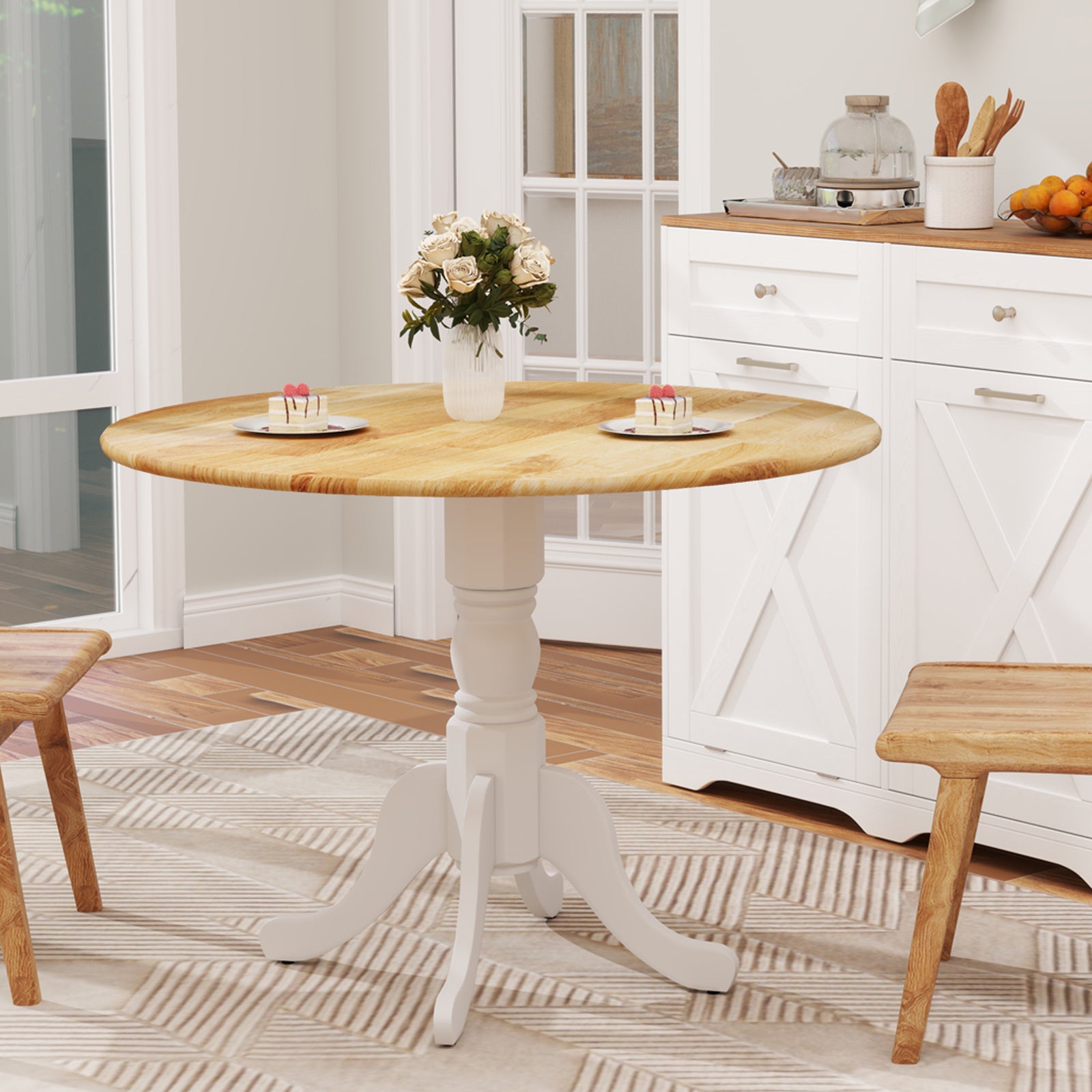 Wooden Dining Table, Round Tabletop, Curved Trestle Legs, Natural, White Dining Tables at Gallery Canada