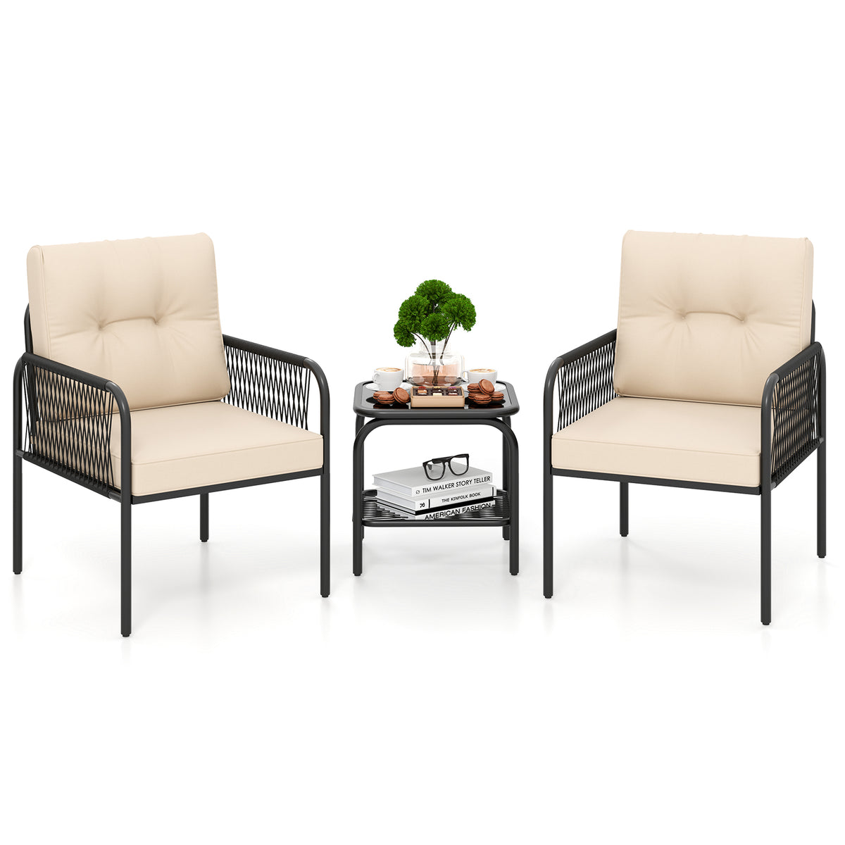 3 Piece Patio Bistro Set, PE Wicker Rattan, Beige Patio Conversation Sets at Gallery Canada