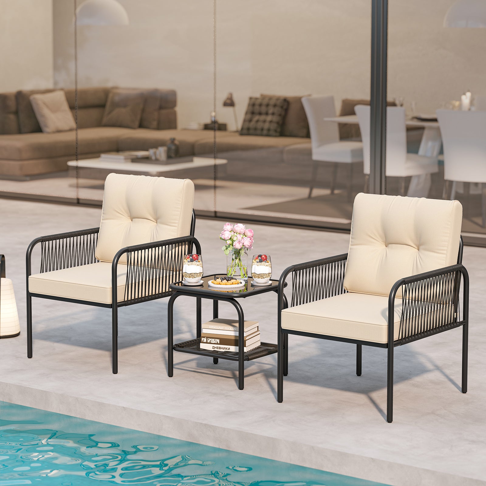 3 Piece Patio Bistro Set, PE Wicker Rattan, Beige Patio Conversation Sets at Gallery Canada