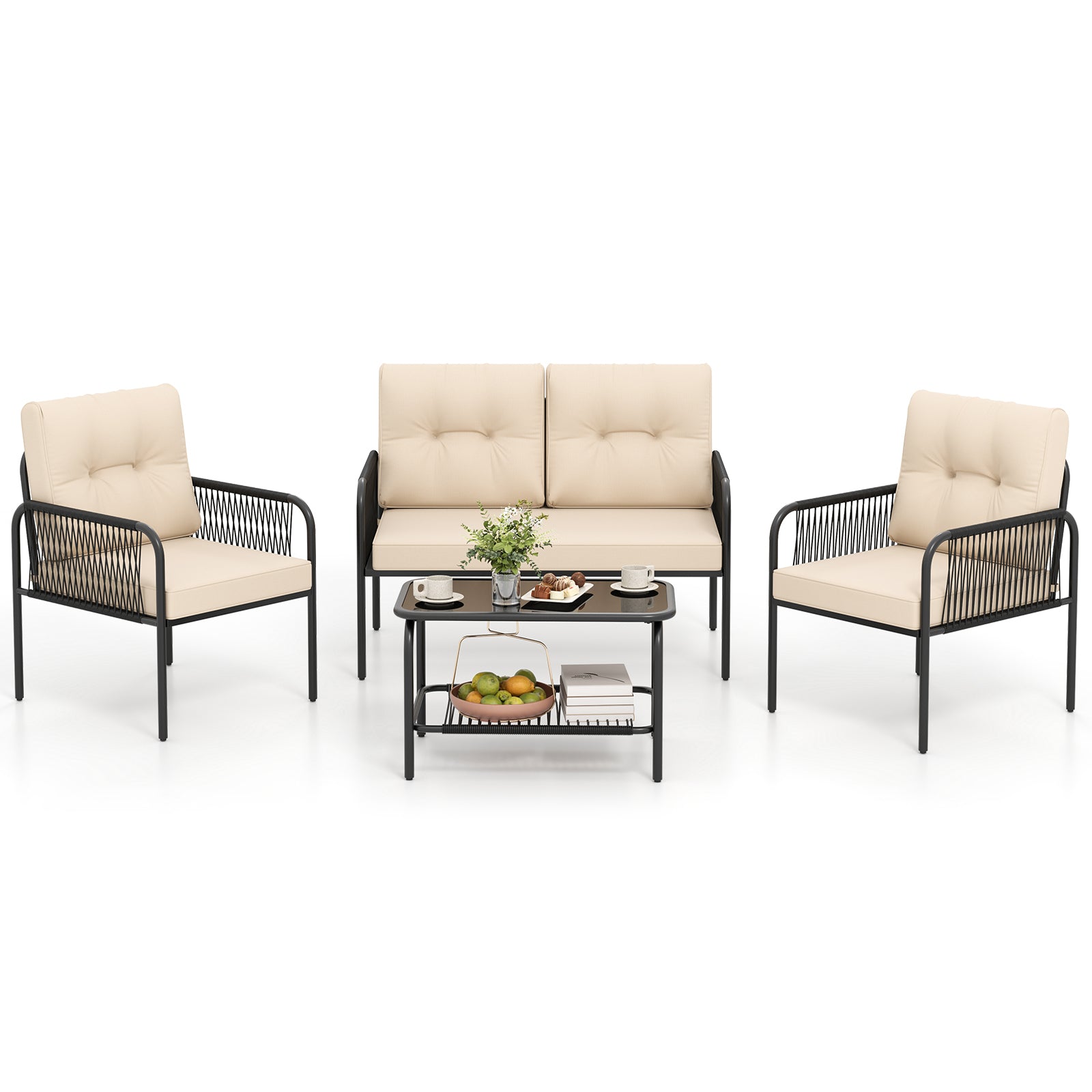 4 Piece Patio Furniture Set, PE Rattan Sofa With Loveseat, Beige Patio Conversation Sets Beige at Gallery Canada