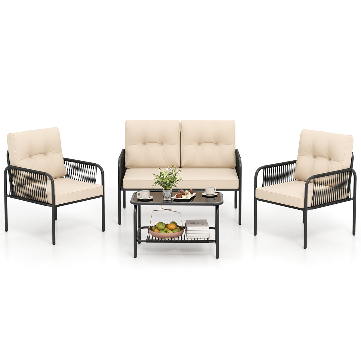 4 Piece Patio Furniture Set, PE Rattan Sofa With Loveseat, Beige Patio Conversation Sets Beige at Gallery Canada