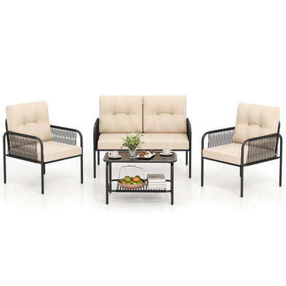 4 Piece Patio Furniture Set, PE Rattan Sofa With Loveseat, Beige Patio Conversation Sets Beige at Gallery Canada