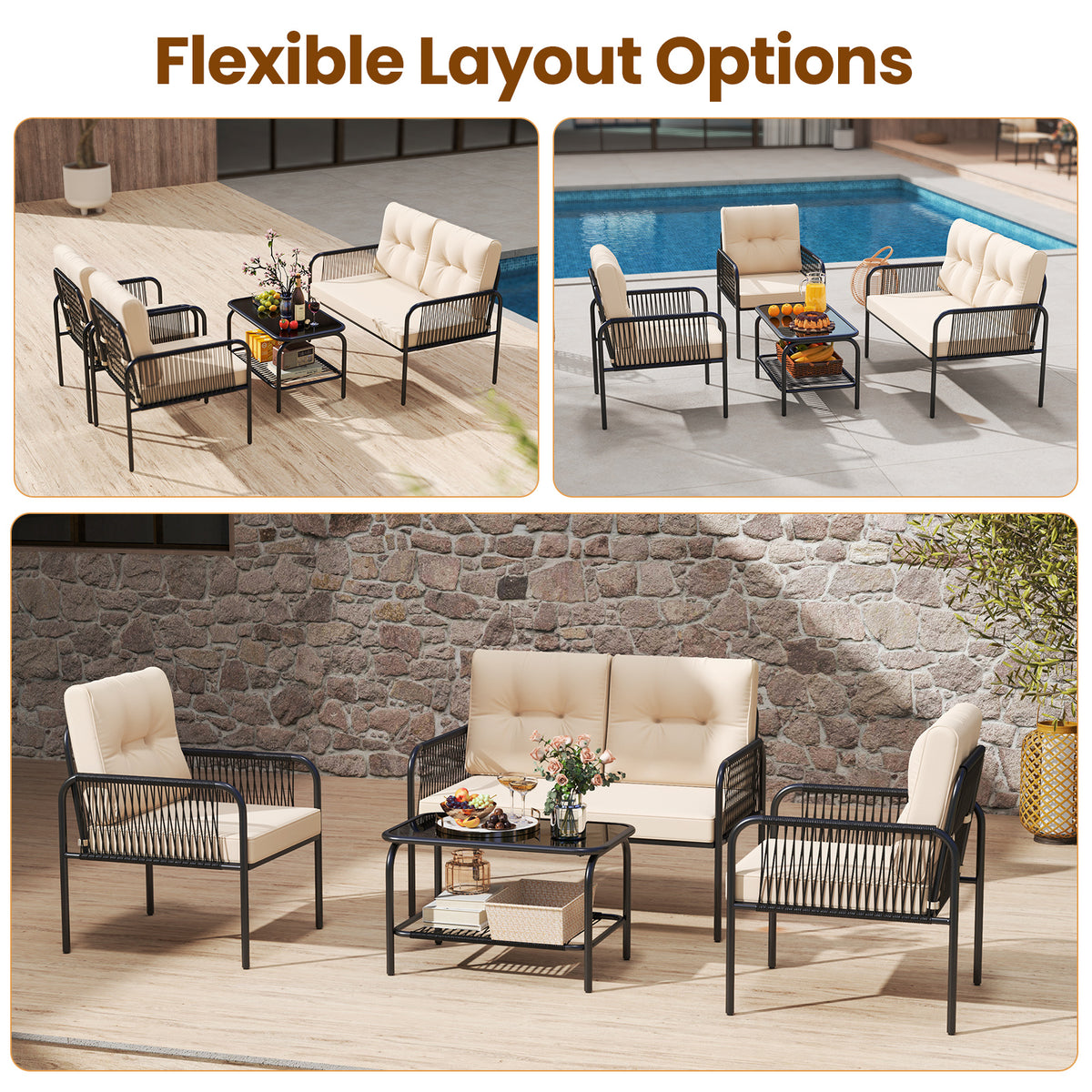 4 Piece Patio Furniture Set, PE Rattan Sofa With Loveseat, Beige Patio Conversation Sets at Gallery Canada